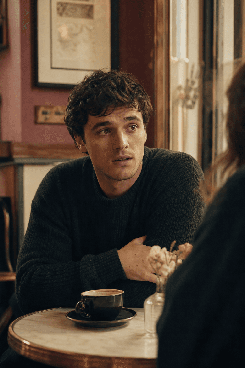A young man half-turned toward someone across a cafe table, mouth open to speak but hesitating, his coffee going cold in front of him.