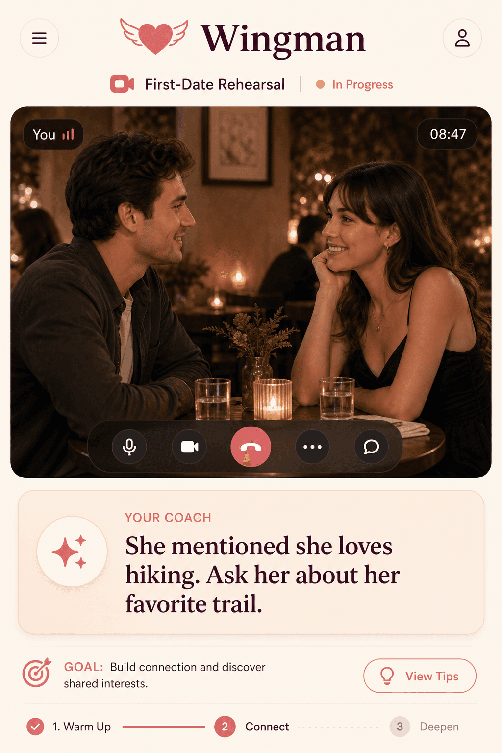 A first-date rehearsal in progress: two people at a small restaurant table in the Wingman interface, with a gentle on-screen prompt suggesting a follow-up question to ask her.