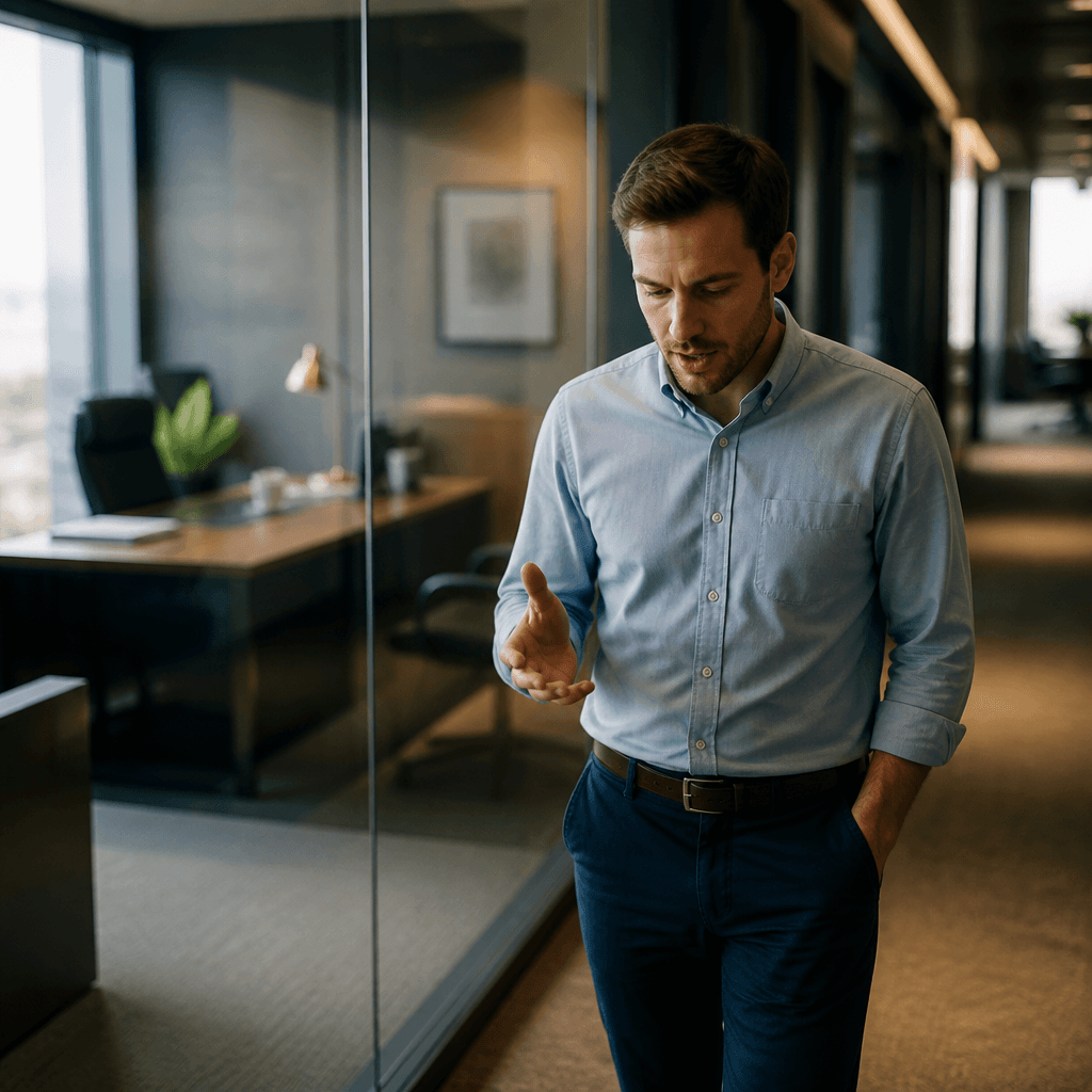 Someone pacing a hallway outside a glass-walled office, rehearsing under their breath