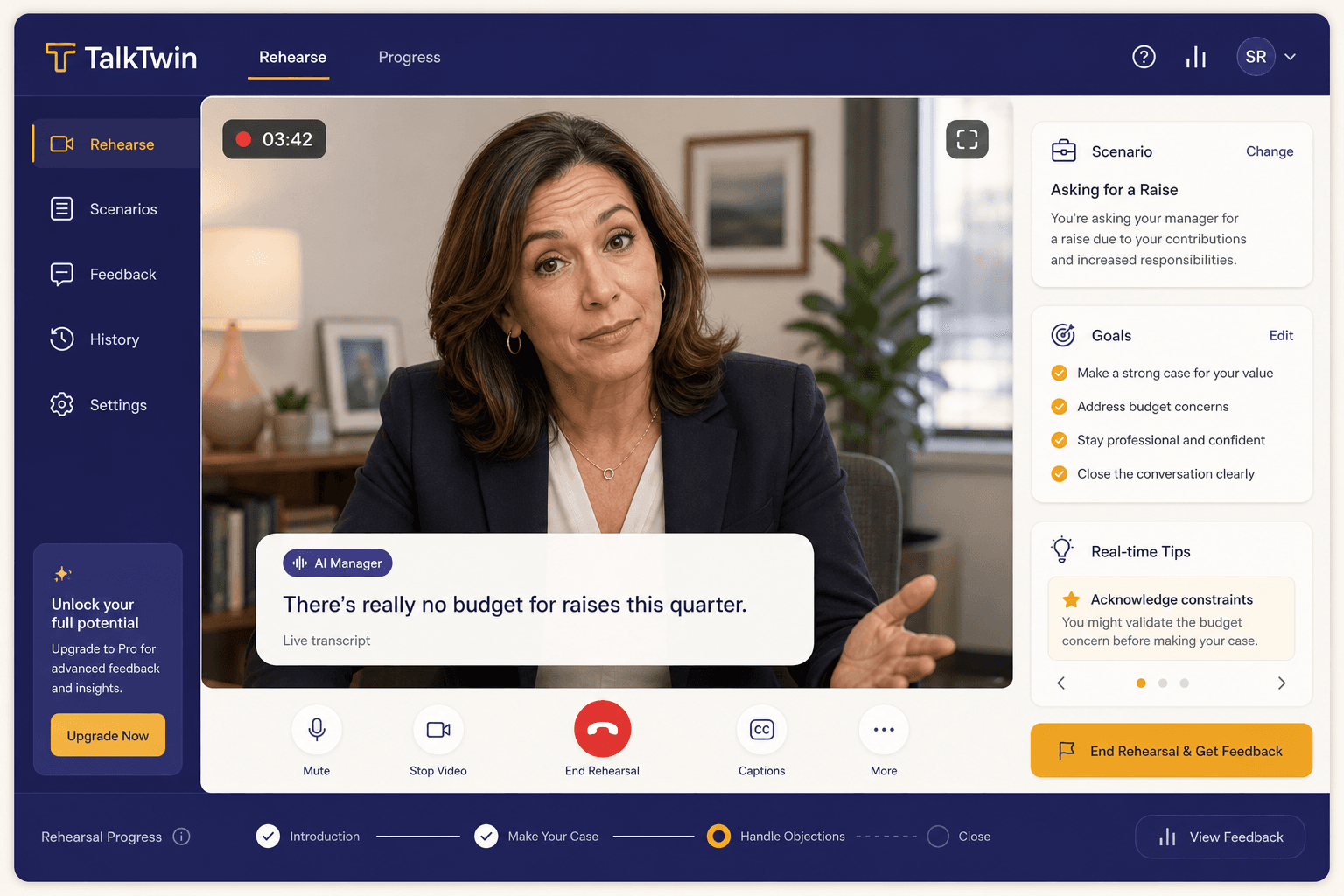 The AI manager avatar mid-conversation in the TalkTwin interface, with a live transcript bubble showing a pushback line about budget