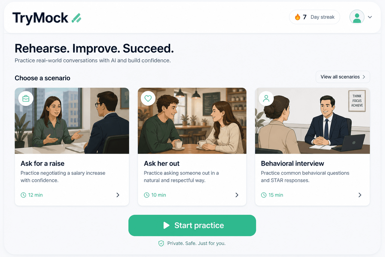 The TryMock rehearsal stage UI showing scenario cards for a raise, a date ask, and a behavioral interview, with a mint accent Start practice button.