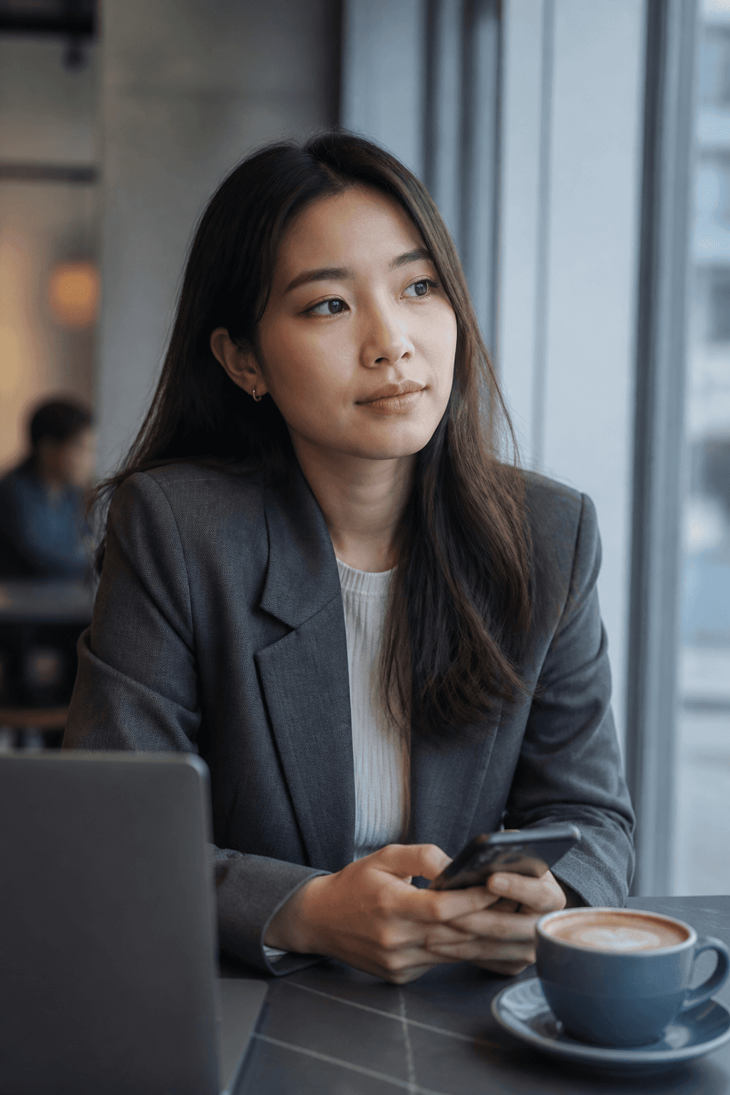 A young professional at a cafe table, looking past their phone with a thoughtful, mildly nervous pause before a hard conversation.