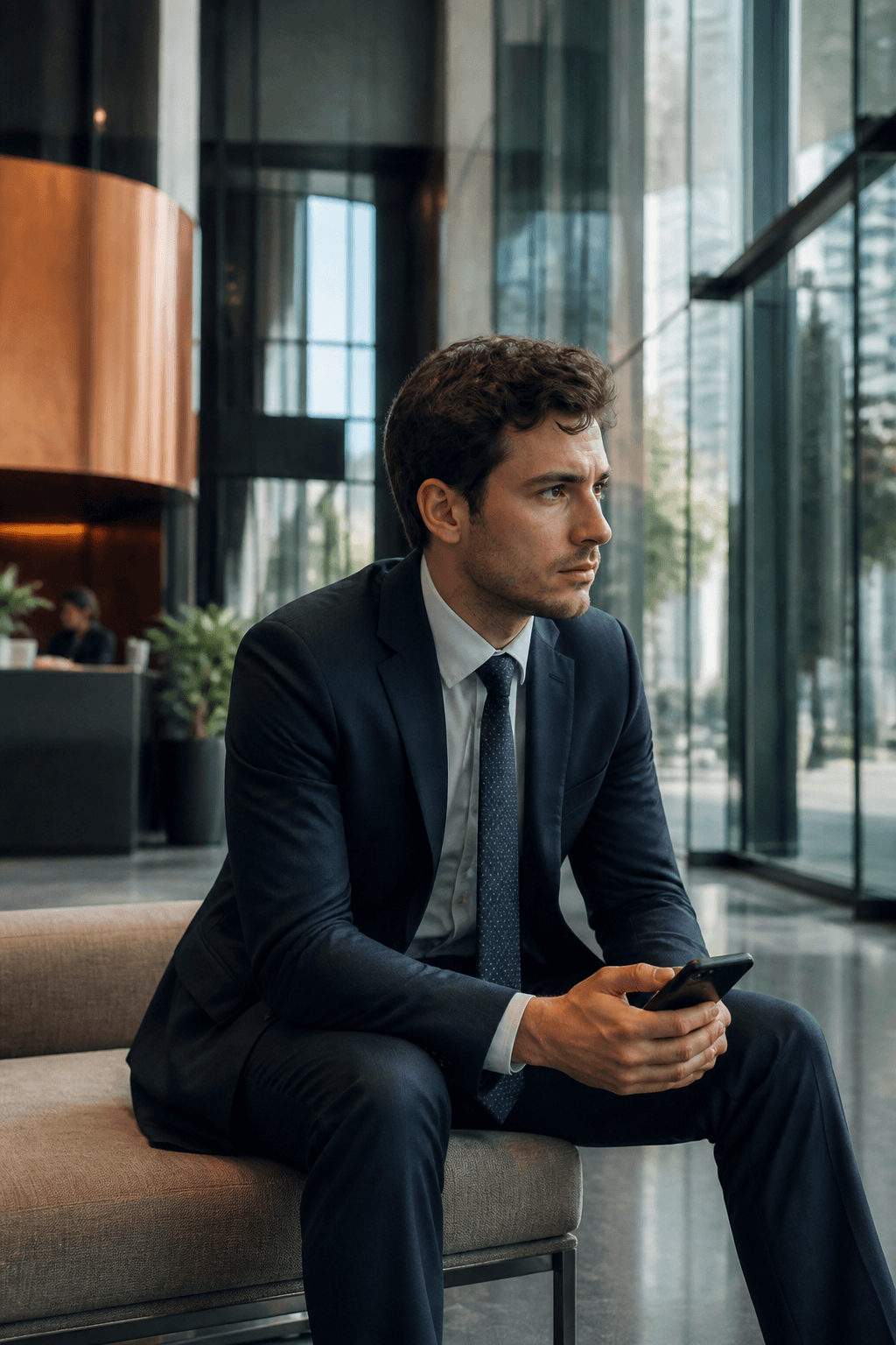 A job candidate sitting alone in a glass lobby after an interview, phone in hand, staring past the screen while replaying what they said.
