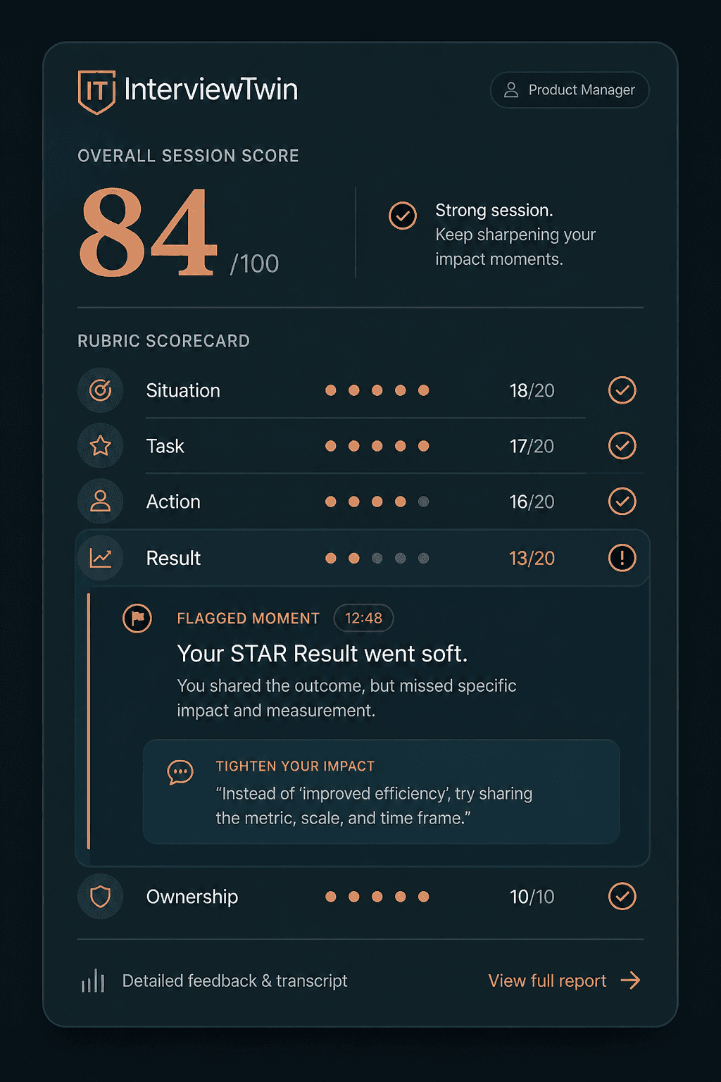 An InterviewTwin rubric scorecard teaser showing an overall session score and one flagged moment where a STAR Result went soft.