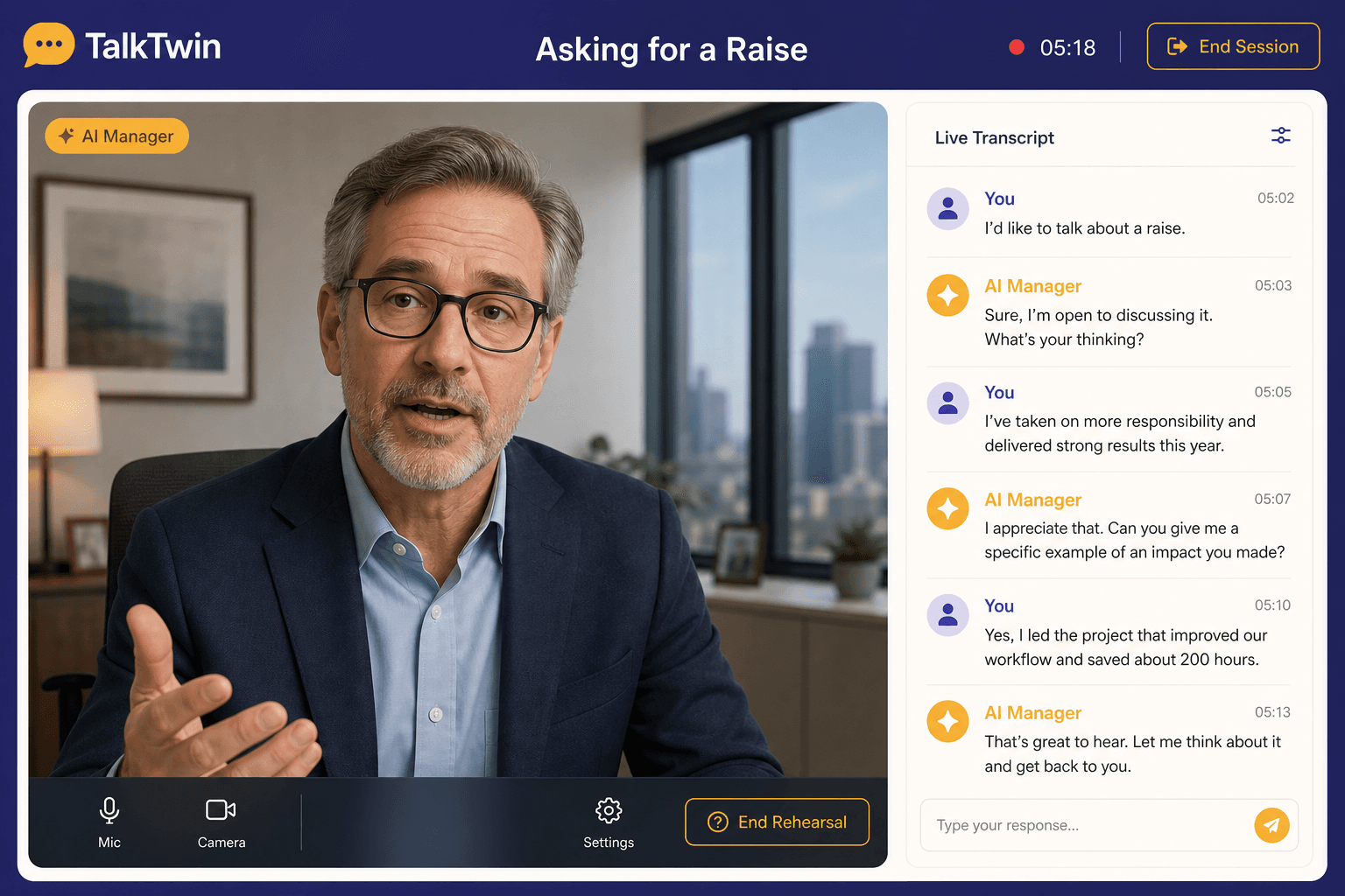 The live conversation view, avatar on camera, with your transcript running down the side
