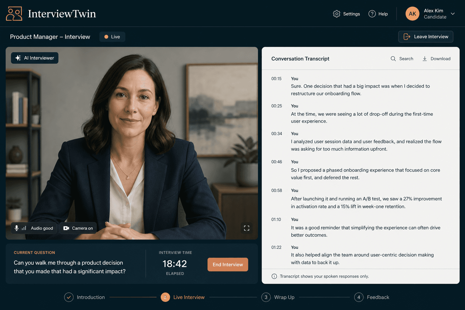 The live InterviewTwin conversation view: AI interviewer on camera, with the candidate's transcript running down the side of the screen.