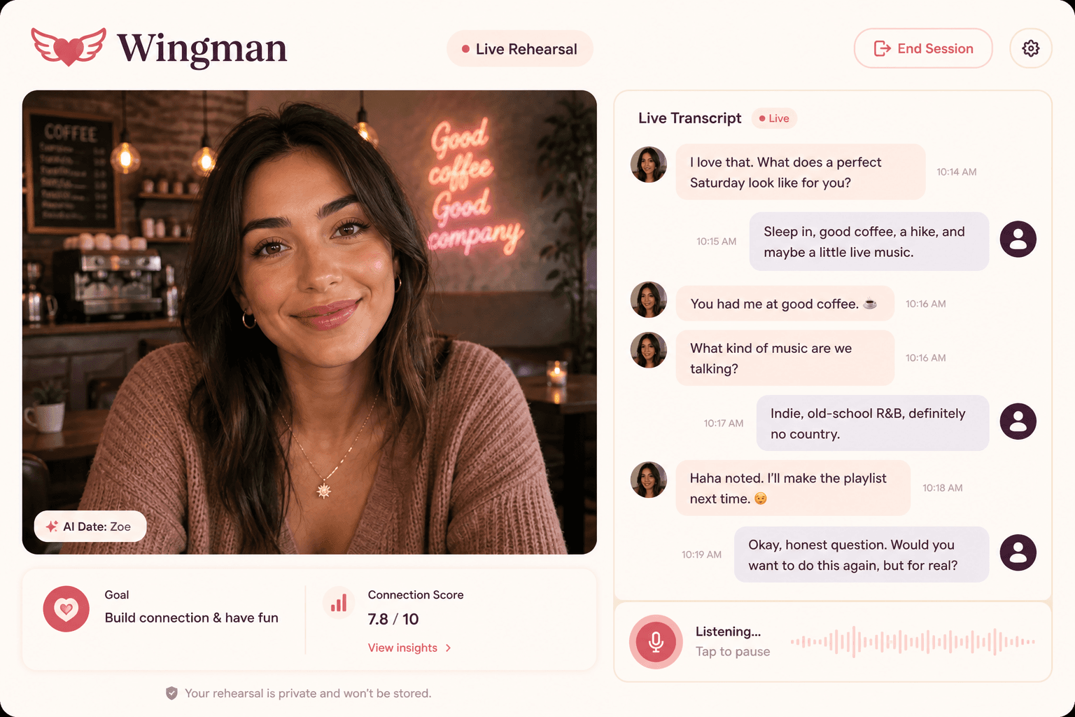 The live rehearsal view: the AI date smiling on camera with the user's spoken transcript running down the side of the screen.