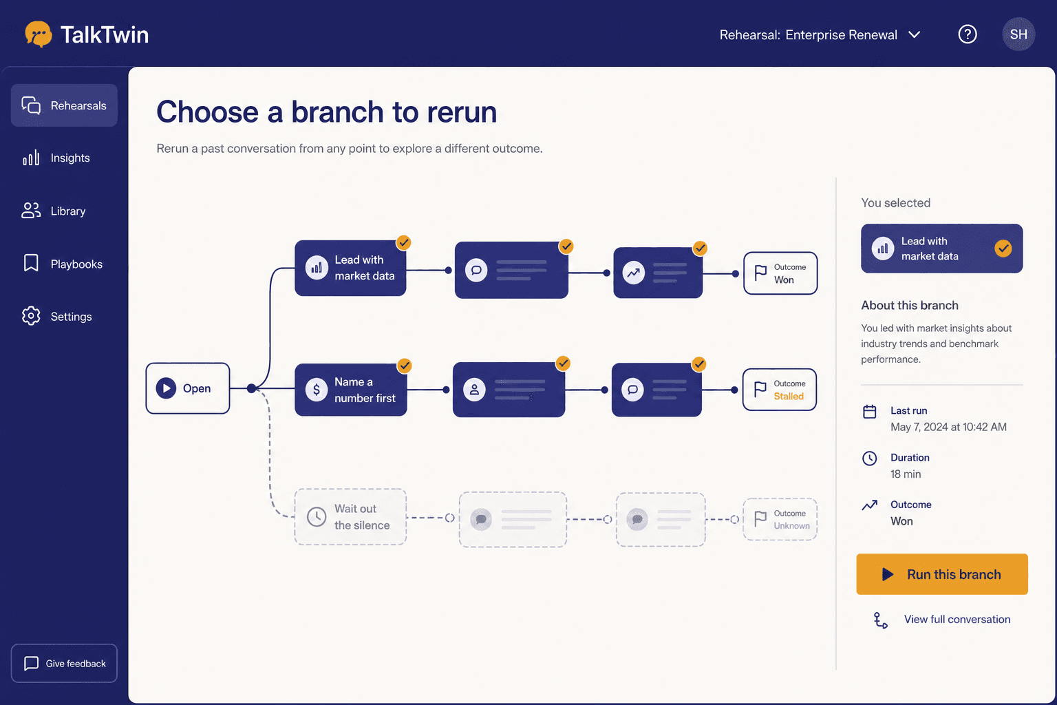 The conversation tree picker, with previously explored branches highlighted