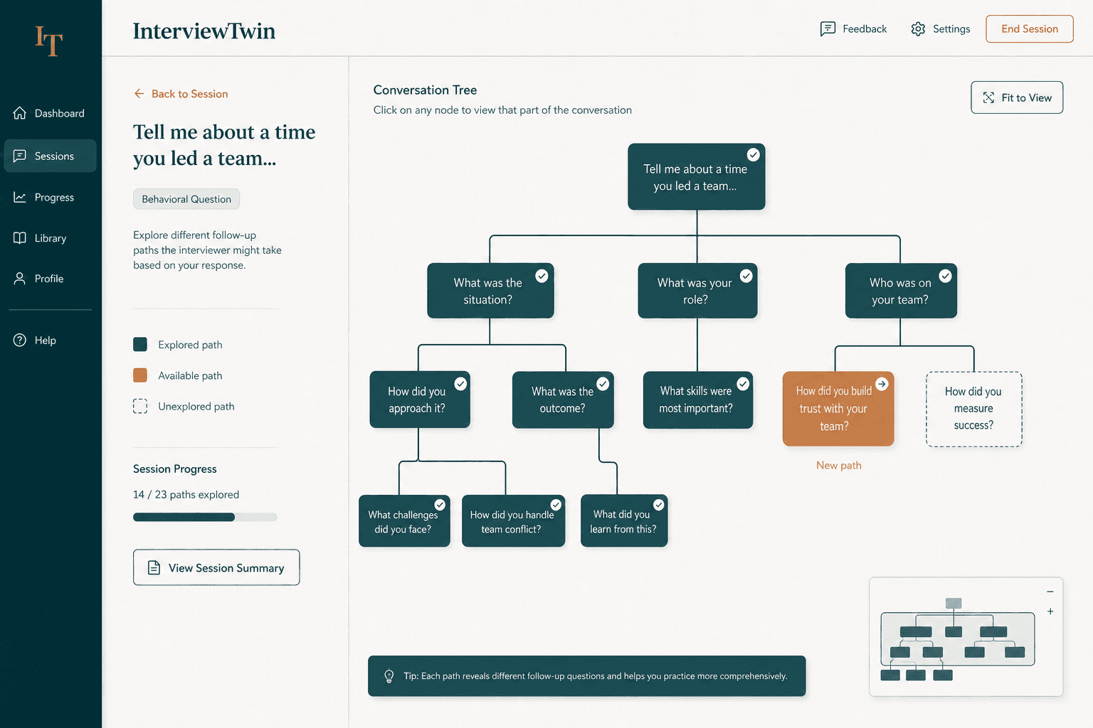 The InterviewTwin conversation tree picker, with previously explored branches highlighted and one new path available to try.